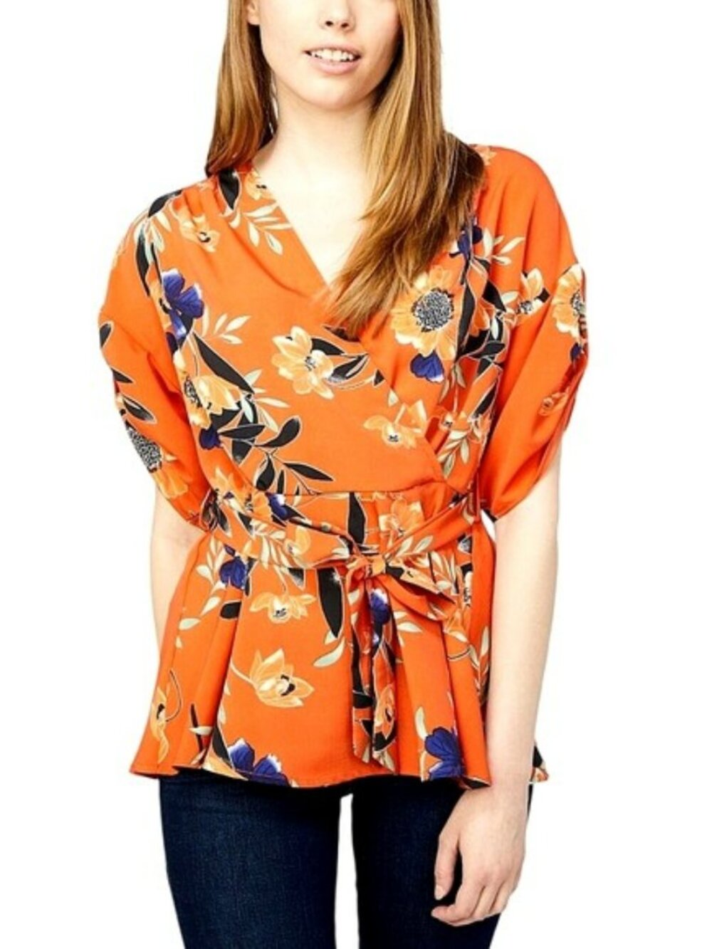 Floral Women's Wrap Blouse Orange Tie Waist Top Short Sleeve V-Neck Size Large